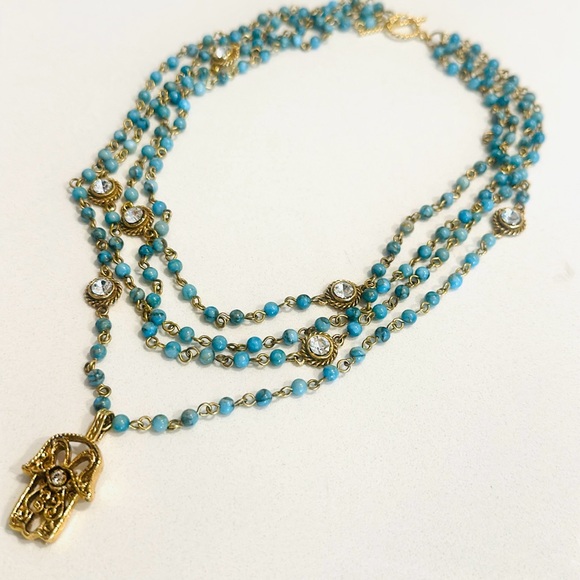 Elegant Gold and Blue Beaded Necklace - Picture 1 of 4